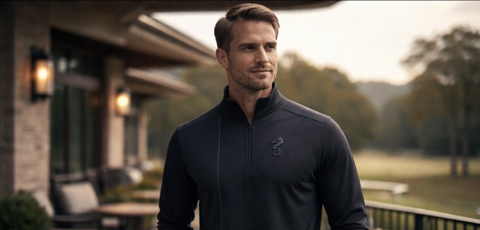 Man wearing the 45 Degrees South Meridian quarter-zip at a private club